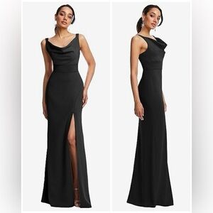 NWT Dessy Collection Black Cowl-Neck Wide Strap Crepe Trumpet Gown Front Slit 2R